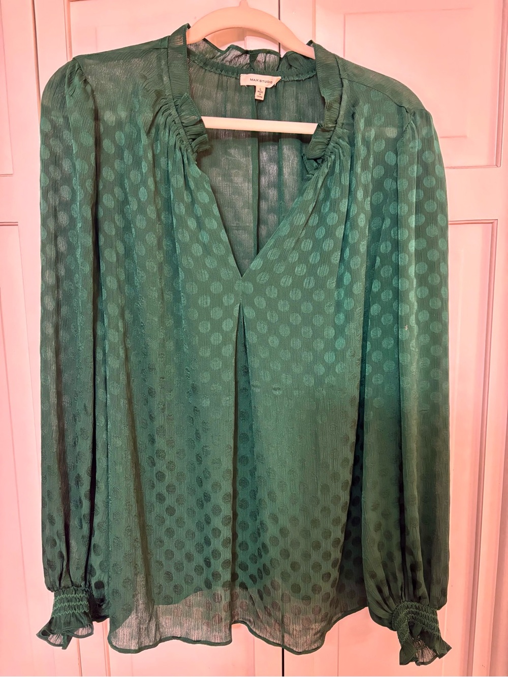 Max Studio L Emerald Green Sheer Polka Dot Ruffle Blouse